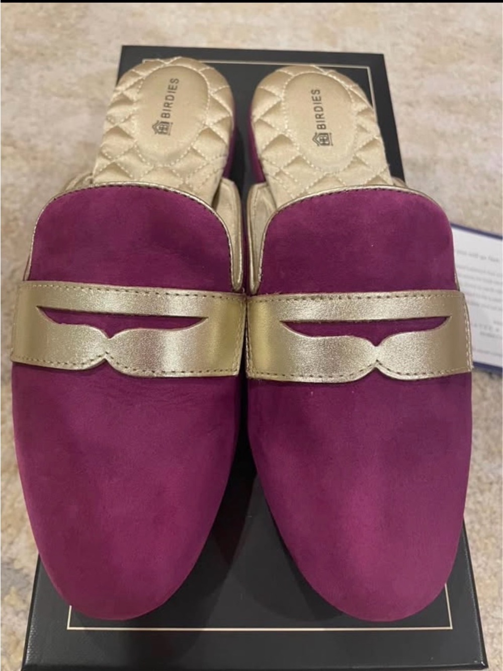 Brand New Birdies Women's Magenta Suede Mules with Gold Trim